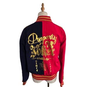 Suicide Squad Harley Quinn Red & Navy Bomber Jacket with Gold Trim